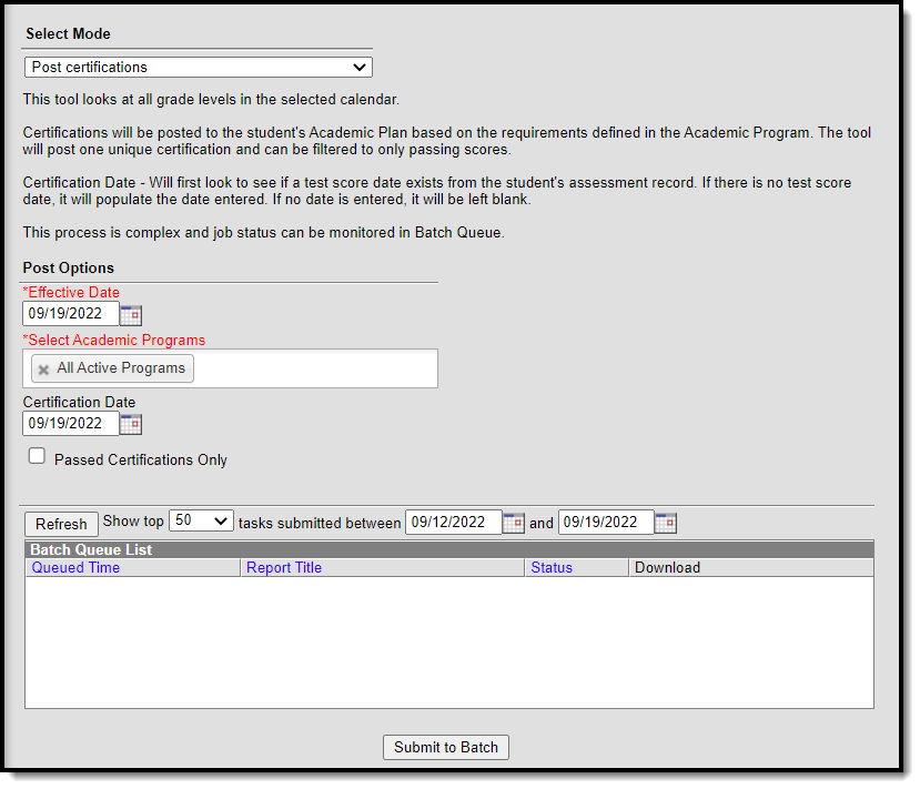Screenshot of the tool with a mode of Post certifications selected. 
