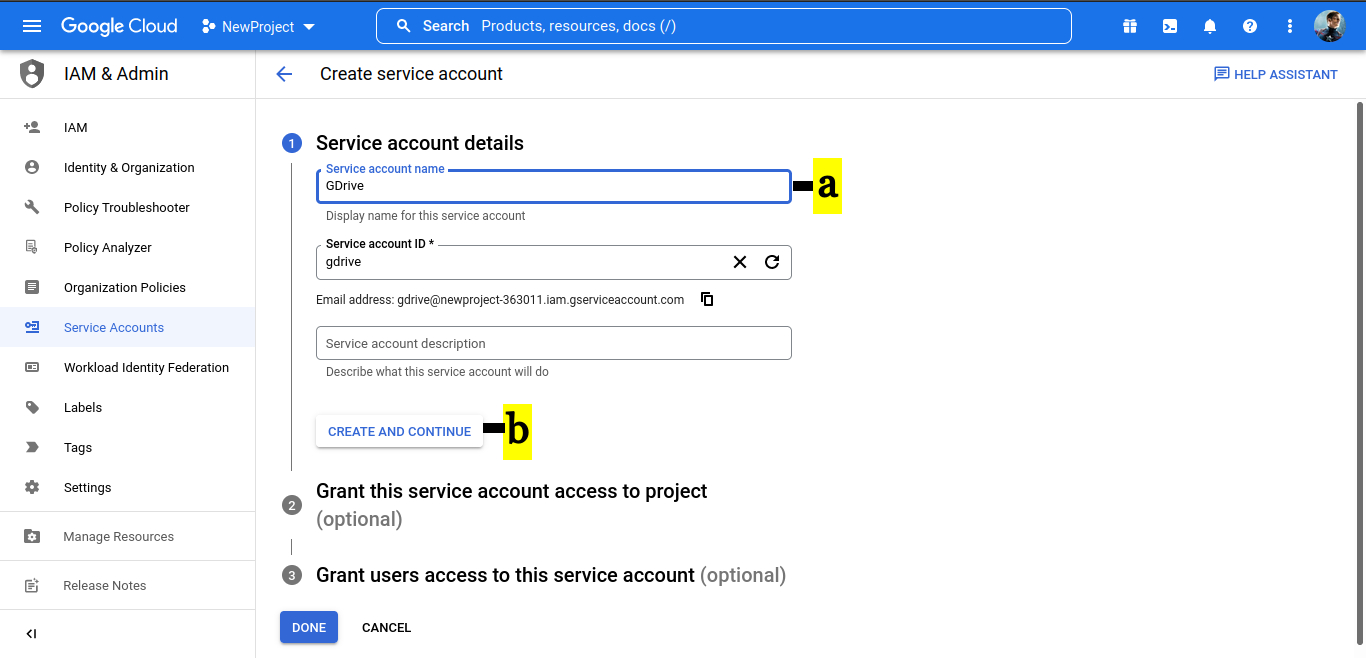 Google Workspace Admin account create the Service account name | LegacyFlo