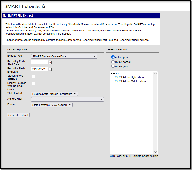 Image of the SMART Student Course Data Extract editor.