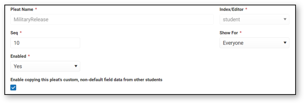 Screenshot of Enable copying this pleat's custom, non-default field data from other students checkbox