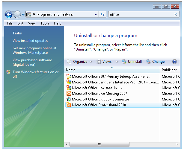 Programs and Features window