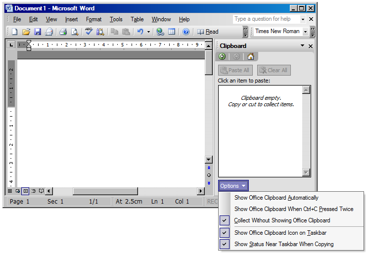microsoft word with the clipboard options displayed