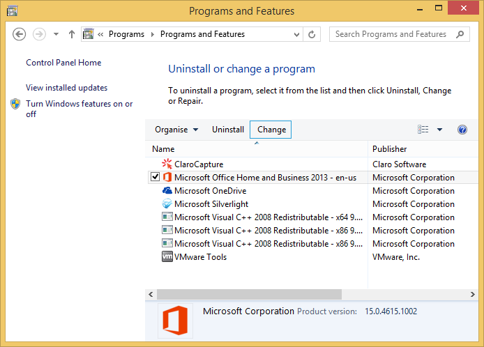 Programs and Features window showing Microsoft Office highlighted