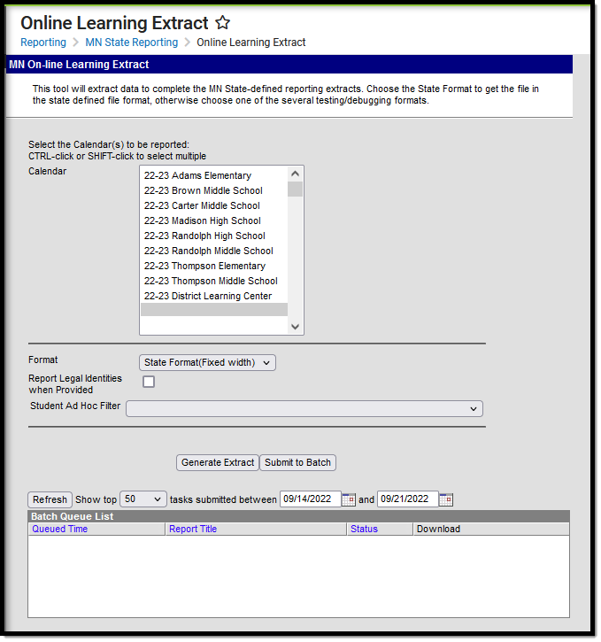 Screenshot of the Online Learning Extract Editor.