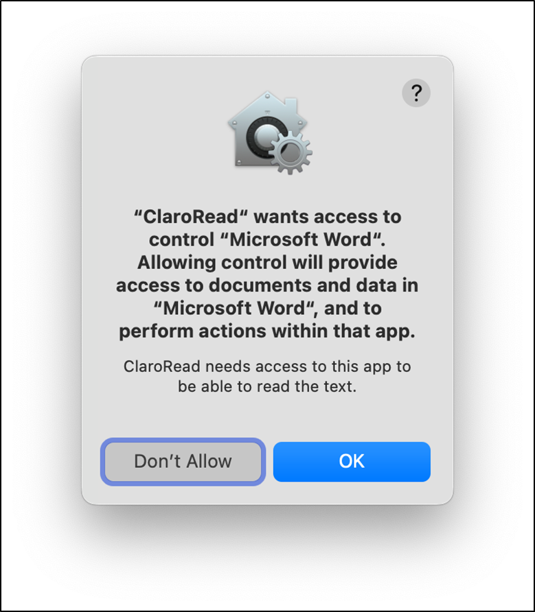 Mac security window showing Claro Read wanting access to Microsoft Word