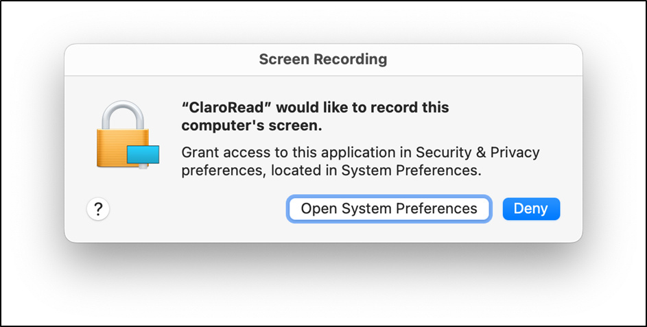 Mac security window showing Claro Read requesting Screen Recording