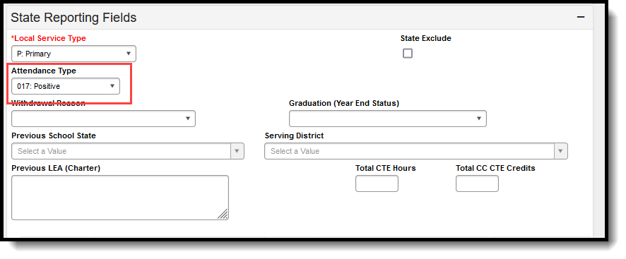 Screenshot of the Attendance Type field on the State Reporting Enrollment editor. 