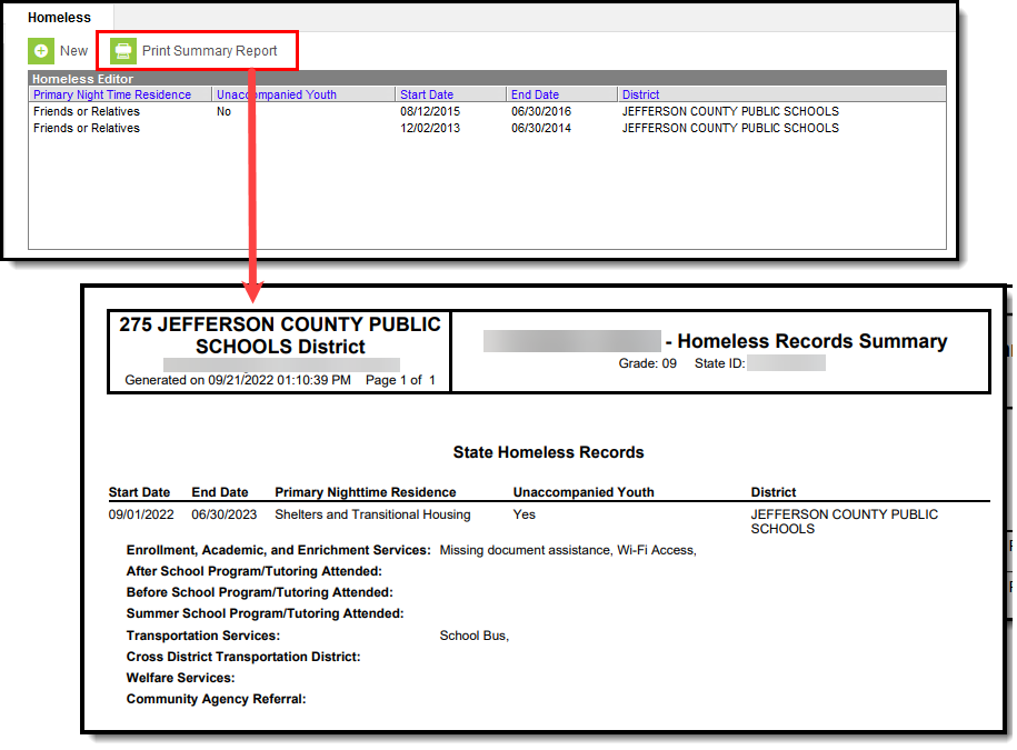 Screenshot highlighting the Print Summary Report button and showing an example of the report.
