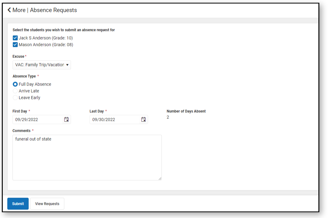 Screenshot of Absence Requests tool in Campus Parent. A multi-day absence request is in the process of being created.
