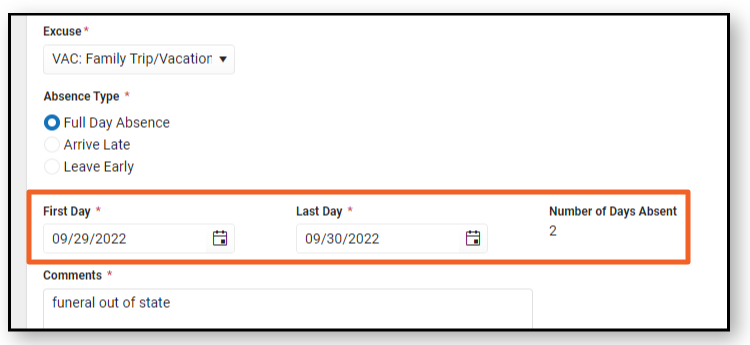 Screenshot of a full day absence request with the First Day and Last Day fields highlighted.