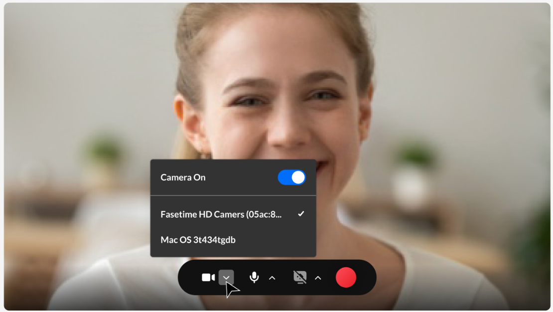 Kaltura webcam recorder featuring a picture of young smiling woman. The Camera icon at the bottom of the screen is selected and the "Camera On" toggle is turned on.