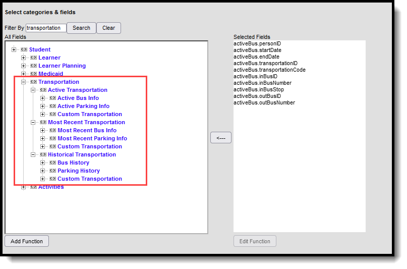 Screenshot of Transportation fields available in the Filter Designer.
