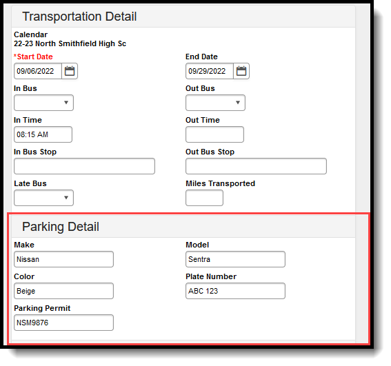 Screenshot with parking information highlighted on transportation record.