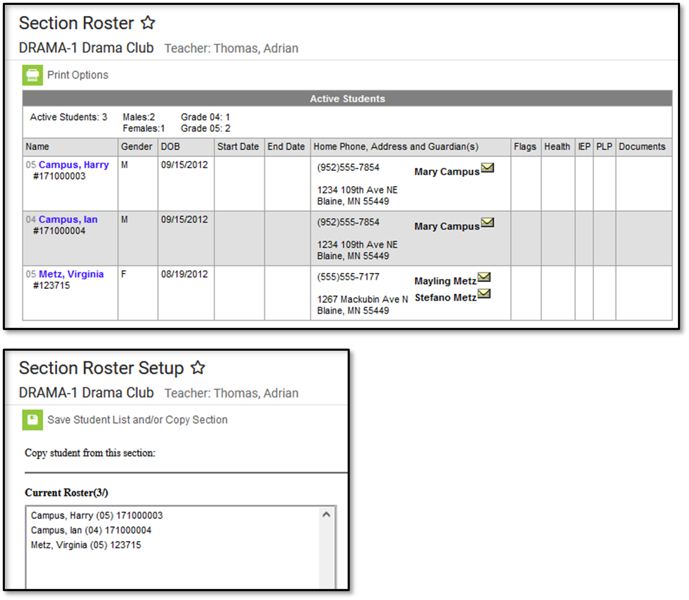 wo-part screenshot of students added to the Section Roster and Section Roster Setup.