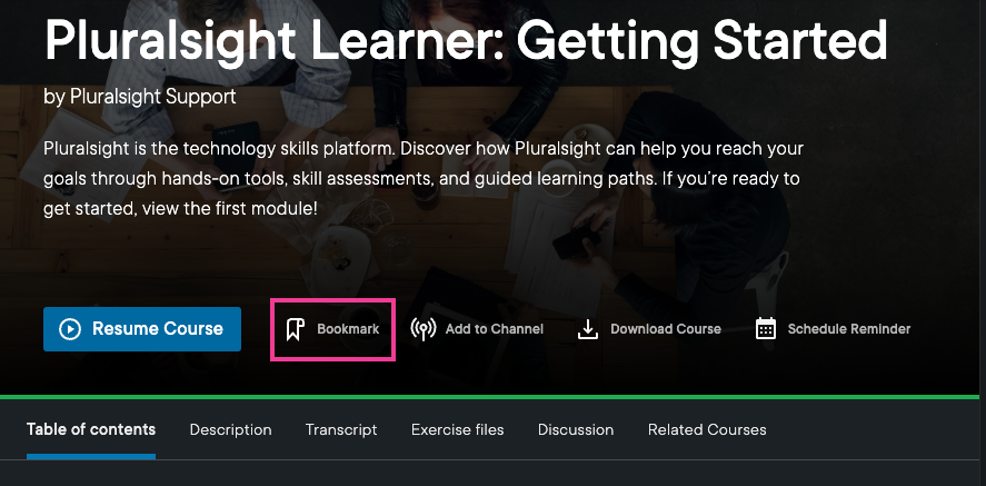 Screenshot of a course page with the Bookmark button highlighted