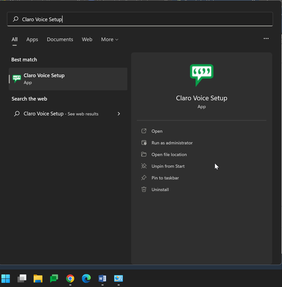 Windows 11 start menu showing claro voice setup