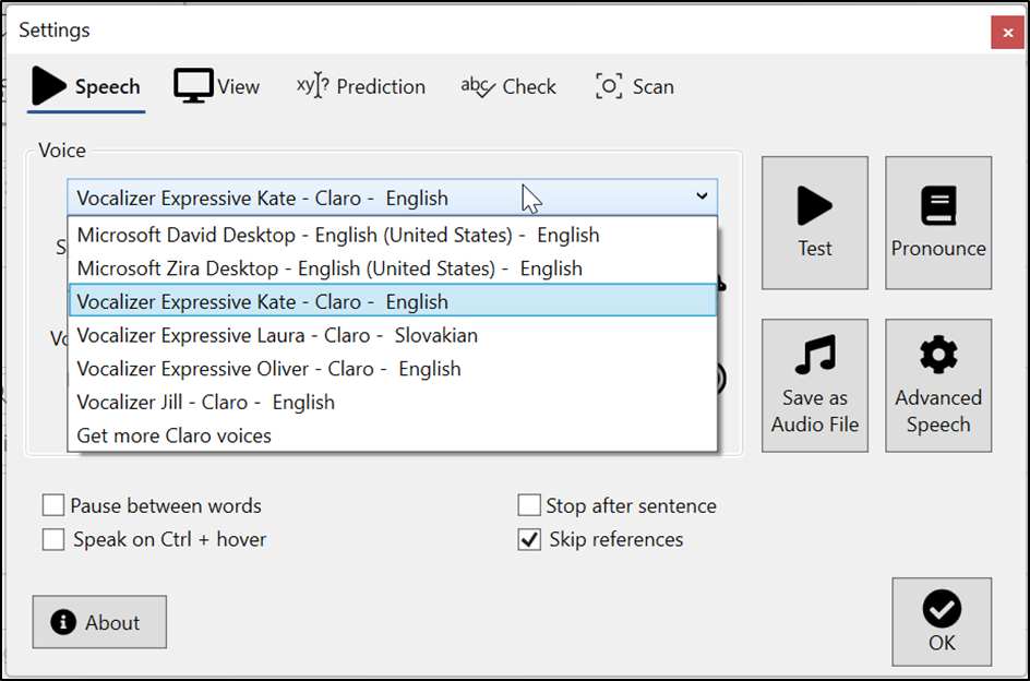 ClaroRead settings showing the voice drop down with Vocalizer Expressive Kate highlighted