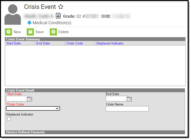 Screenshot of the crisis event tool.