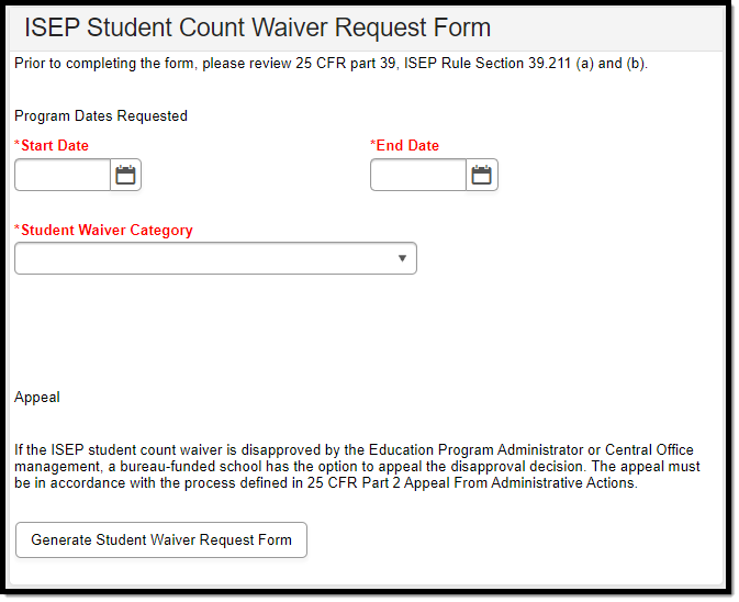 Screenshot of the Student Count Waiver Request Editor.