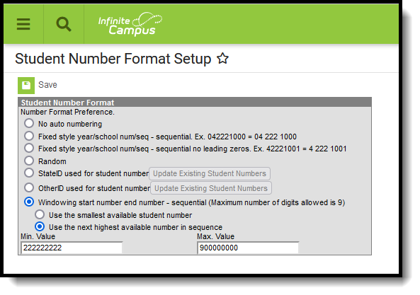 Screenshot of selections available when choosing Student Number Format preference.