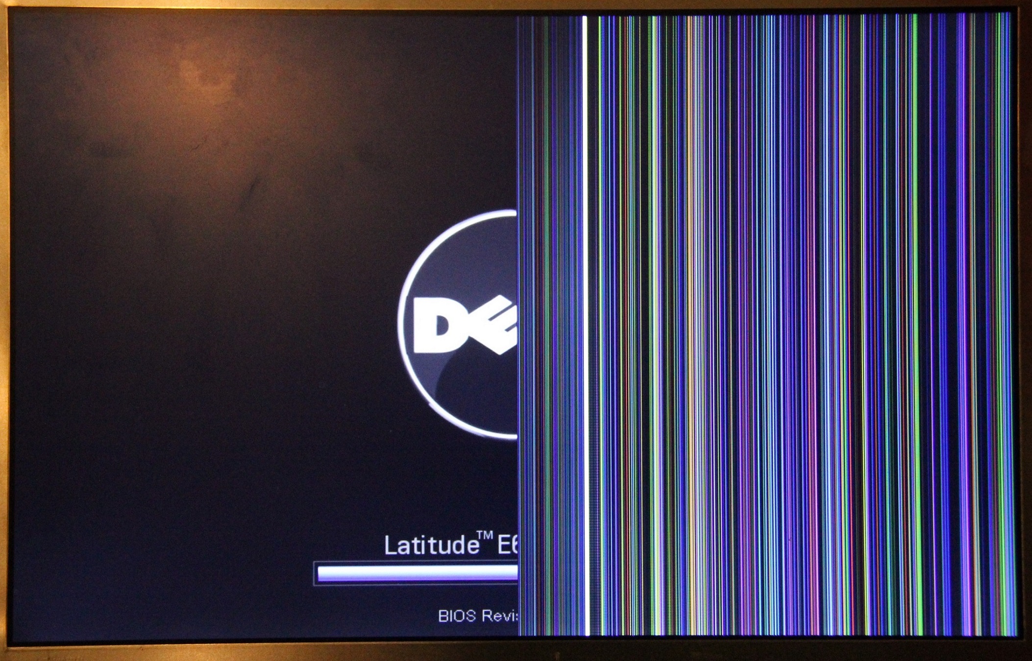 multicolored vertical lines indicating a damaged Dell display