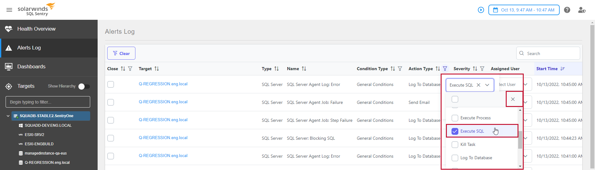 SQL Sentry Portal Alerts Log Filter Options