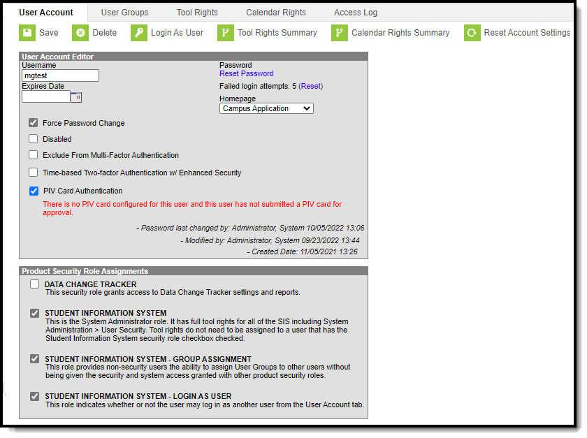 screenshot of a newly created user's User Account information screen