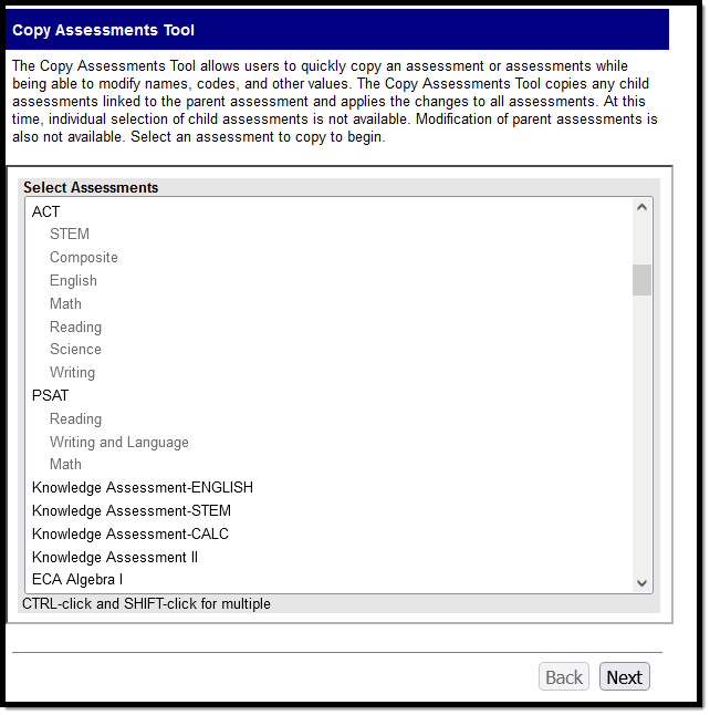 Screenshot of the Copy Assessments tool.