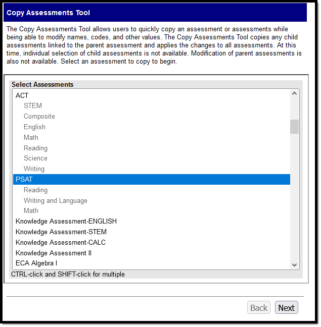 Screenshot of the Copy Assessments tool with the PSAT assessment selected.