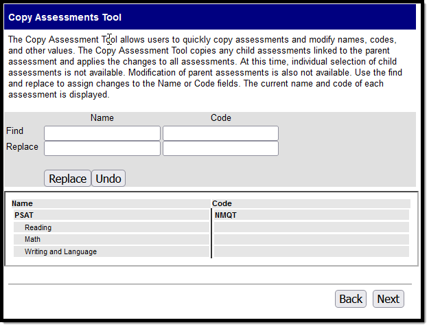 Screenshot of the Copy Assessments tool with the Find and Replace modification fields. 