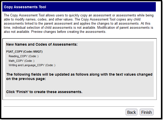 Screenshot of the Final Review screen of the Copy Assessments tool displaying the new names and codes of assessments.