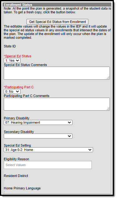 Screenshot of the Enrollment Status editor of the IFSP.