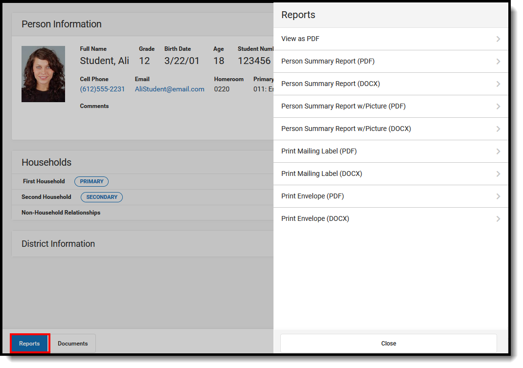 Screenshot showing reports options. 