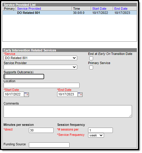 Screenshot of the Early Intervention Related Services editor of the IFSP.