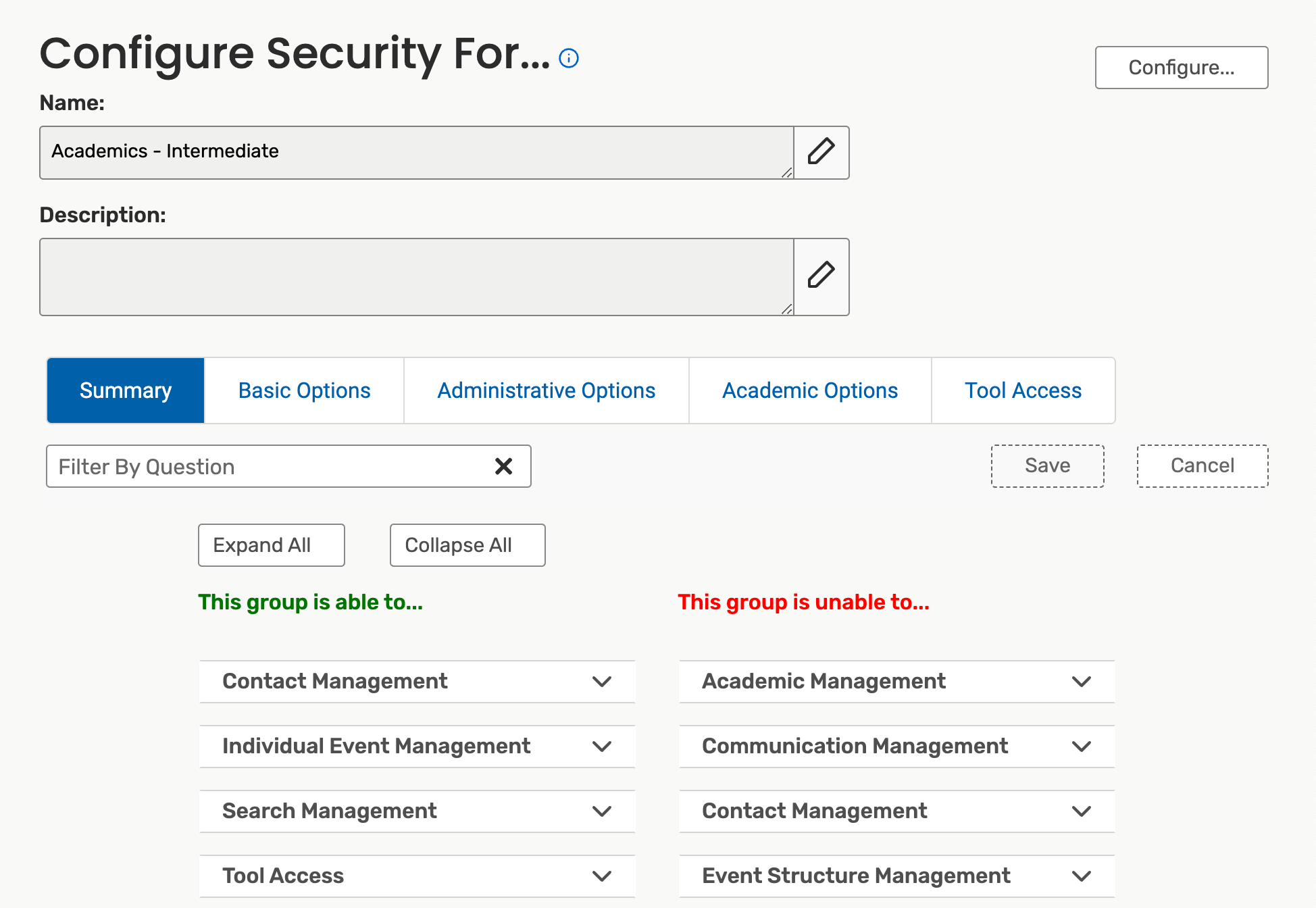 example of a group's Summary page in Configure > Security.
