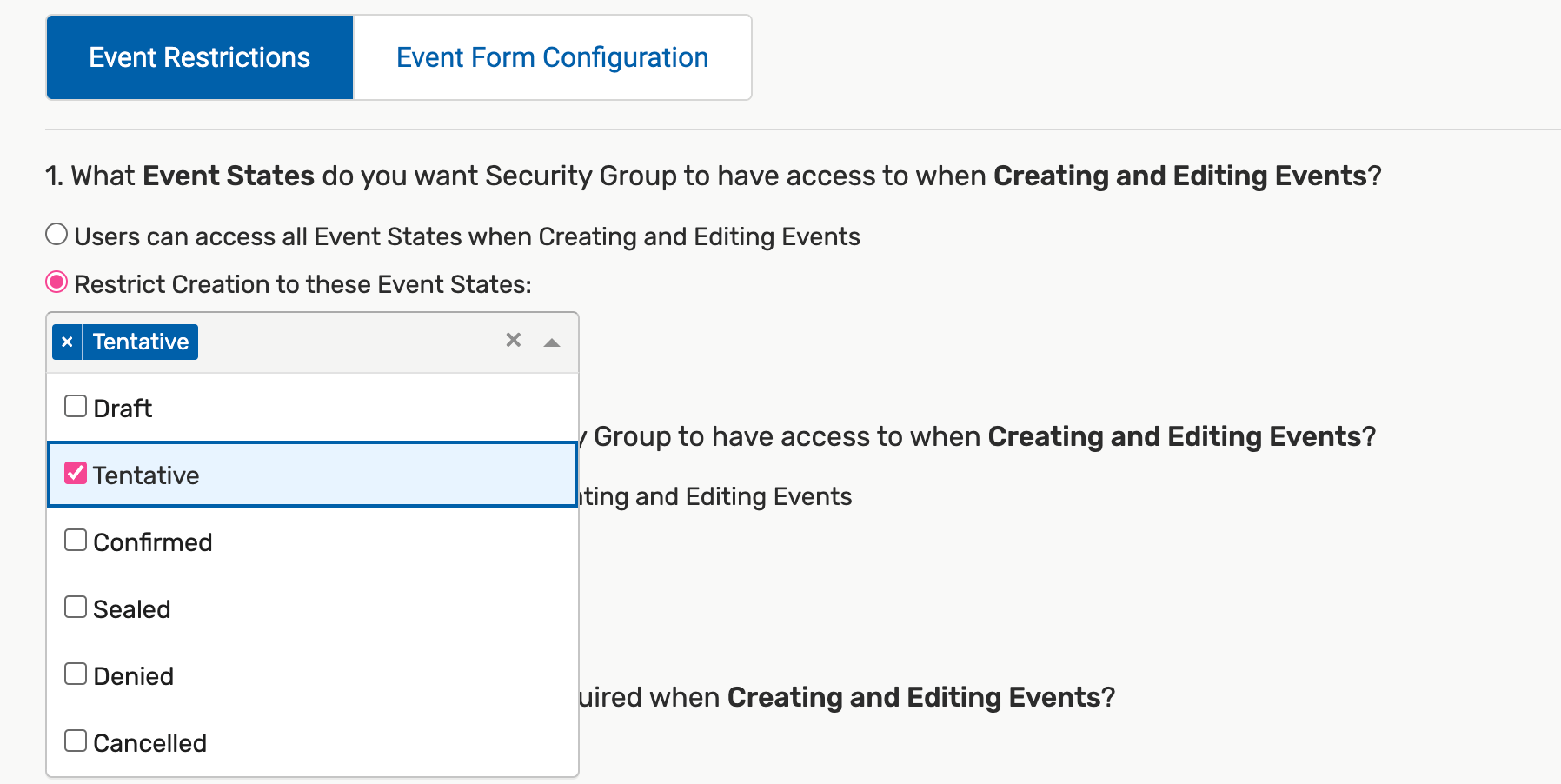 Screenshot of allowed event state configuration which determines which users can access event states