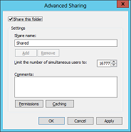 Advanced sharing window with 'Share this folder' setting enabled