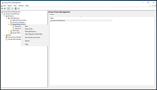 Group policy management screen showing the right click menu