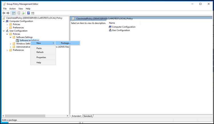Group Policy Management Editor showing the right click menu and package highlighted
