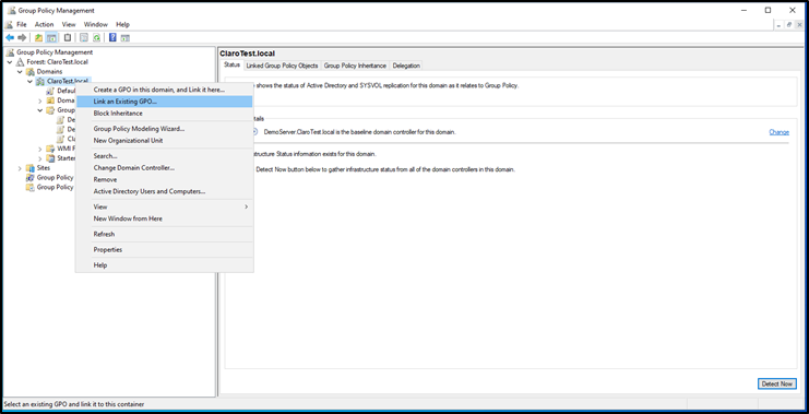 Group policy management screen showing the right click menu with Link an existing GPO highlighted