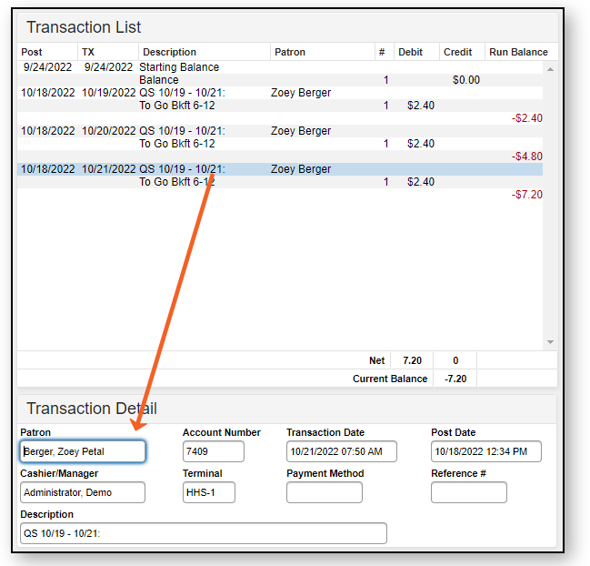 Screenshot of transaction detail