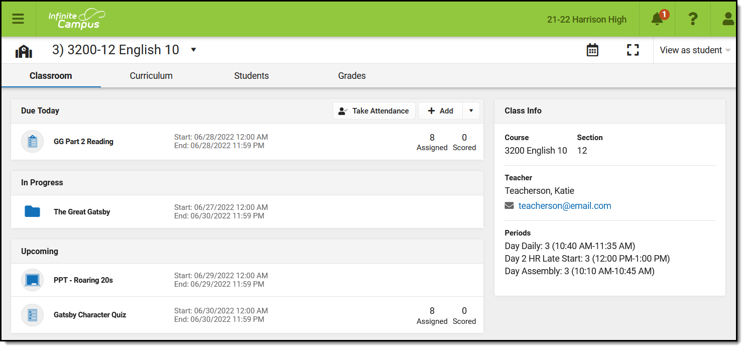 Screenshot of the Classroom view in Instruction, which shows assignments due today, in progress, and upcoming, with class info shown along the right. 