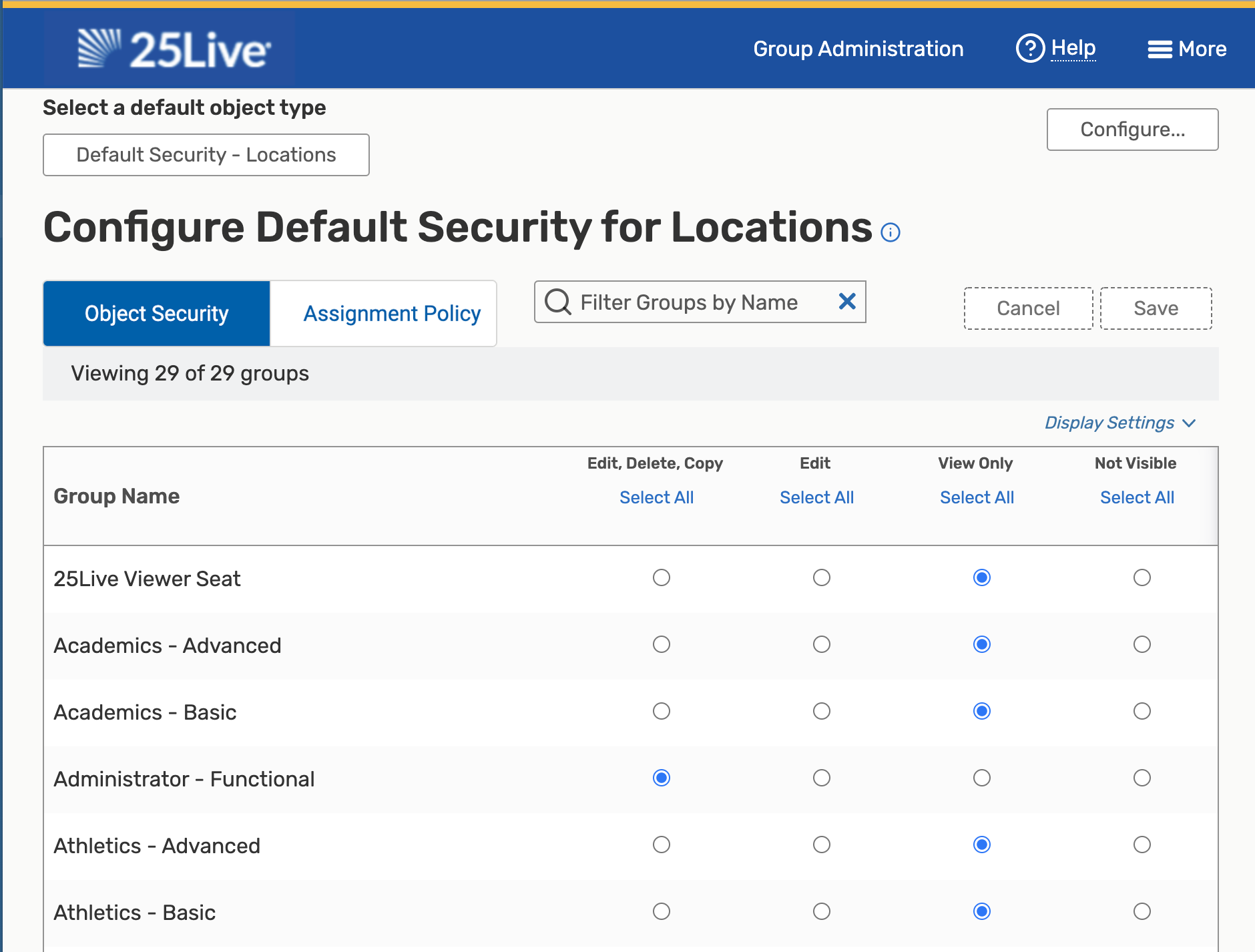 Setting default object security for locations.