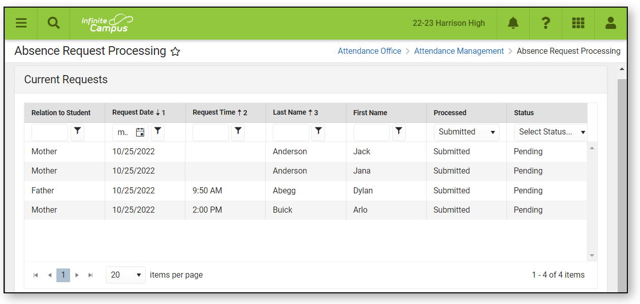 Screenshot of absence request processing
