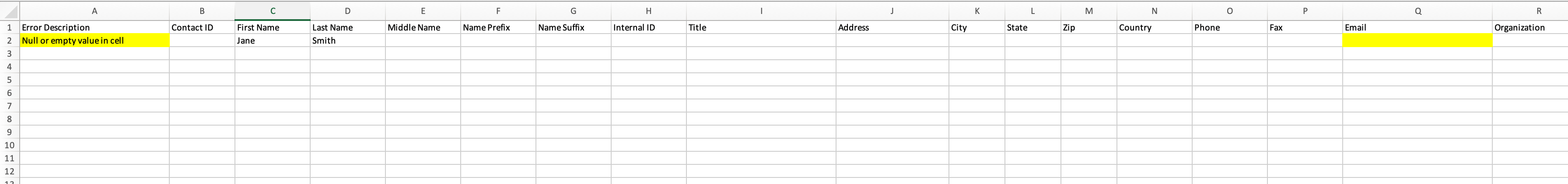 An error displays in the first column for the impacted row. The cell that the error applies to is highlighted.