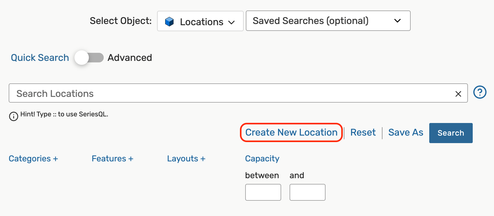 Create new location button below the location search