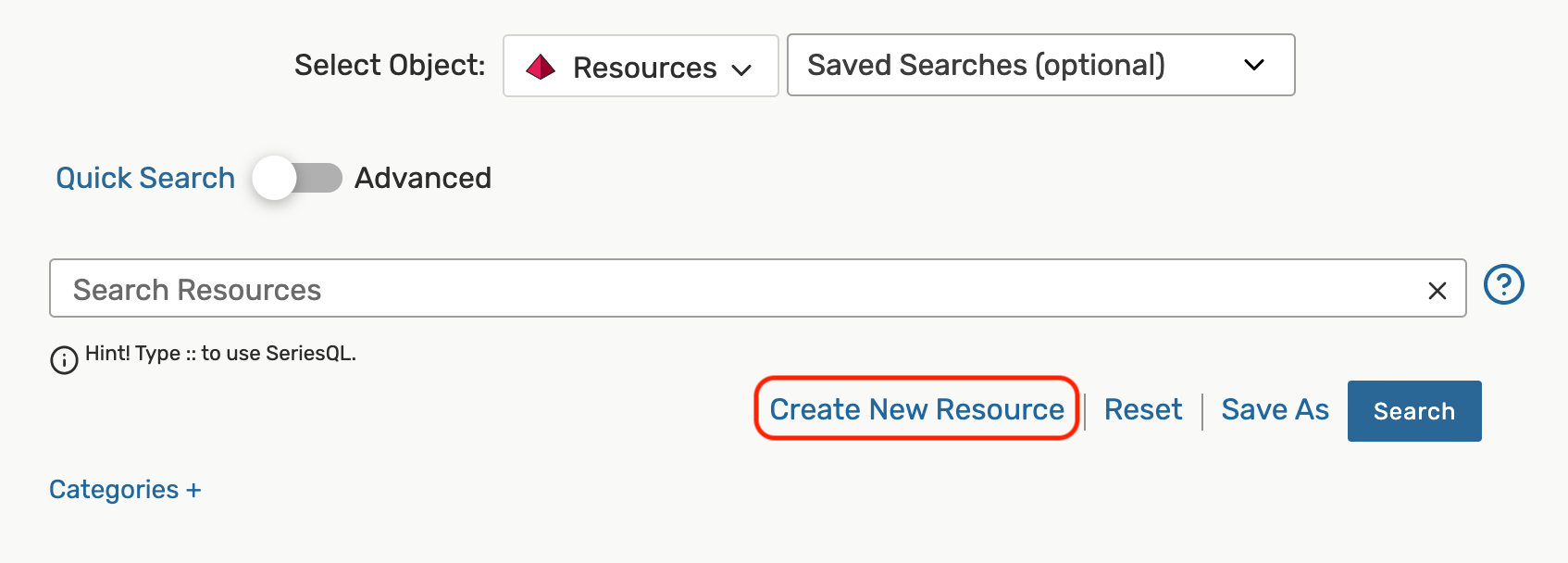 Create new resource button below the resource search