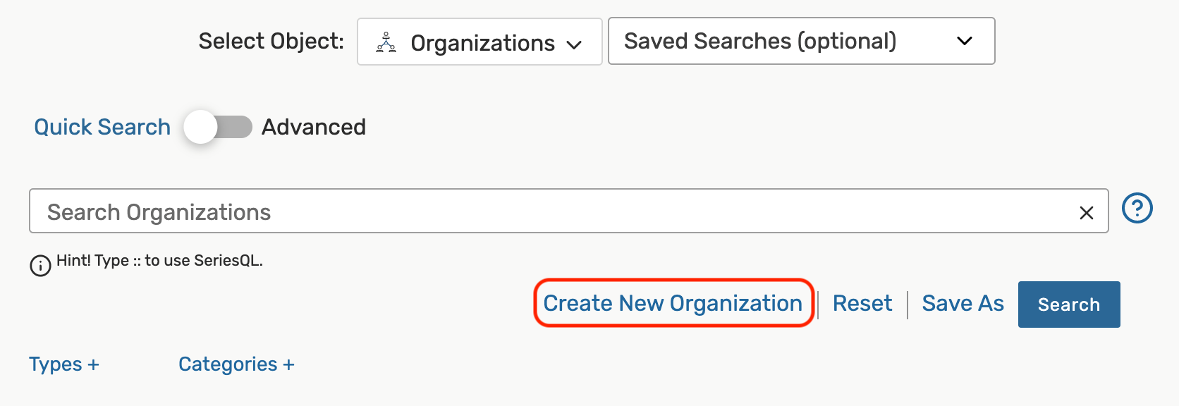 Create new organization button below the organization search