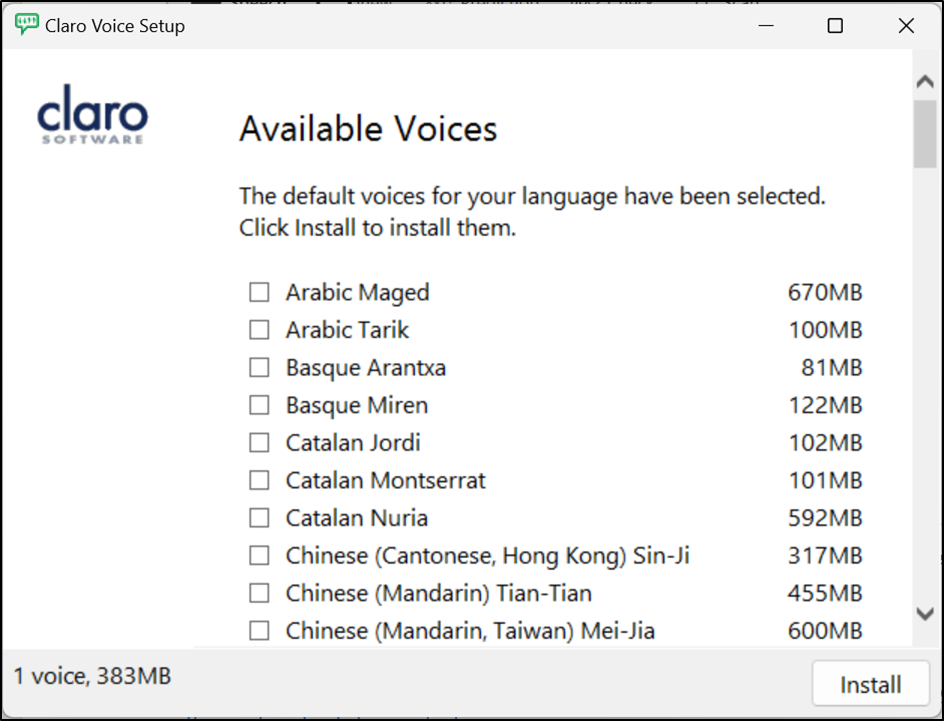 Claro Voice setup screen