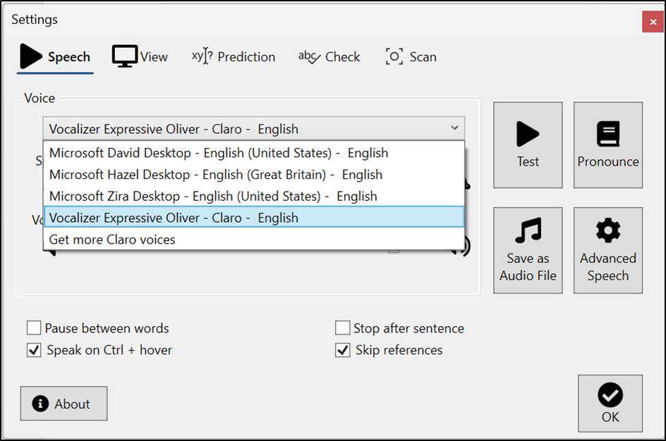 ClaroRead settings showing the voices list